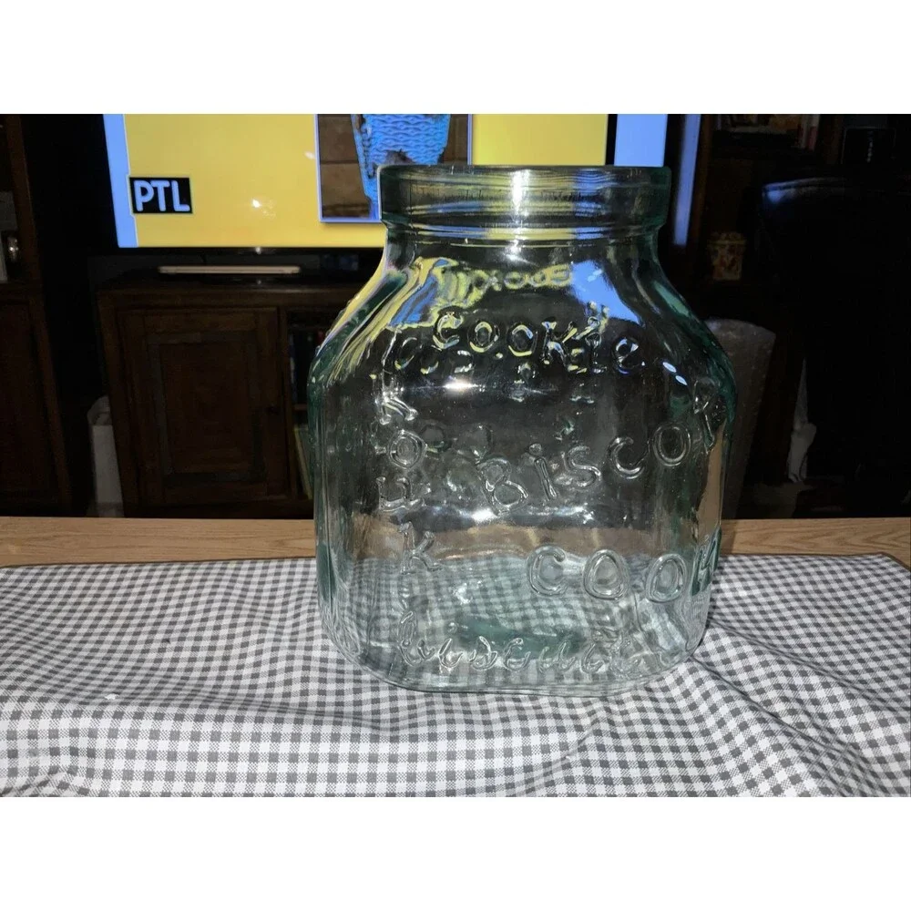 Green Glass Vintage Cookie Biscoutti Kouk Biscuit Jar  Cork Top Very Heavy New
